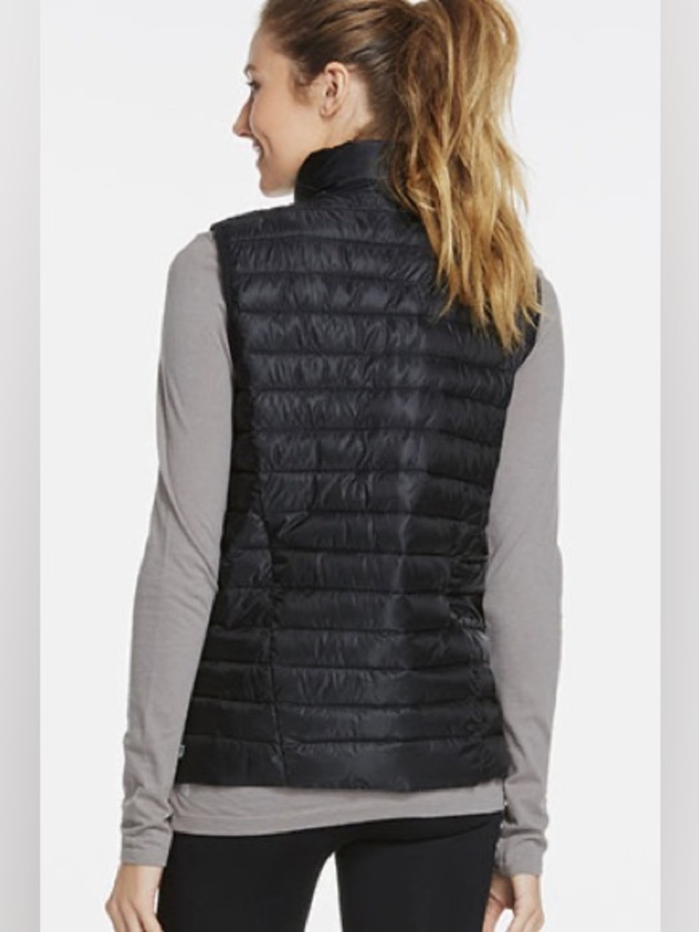 Fabletics Black Quilted Puffer Vest Gray White Chevron Active Yoga Comfy Light - Picture 7 of 16